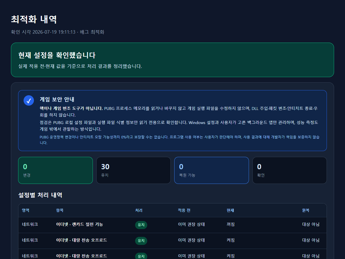 최적화 전 값과 현재 값, 처리 결과를 보여주는 최적화 내역 보고서